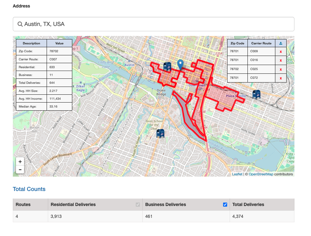 EDDM carrier route map with selected routes, delivery demographics and total counts
