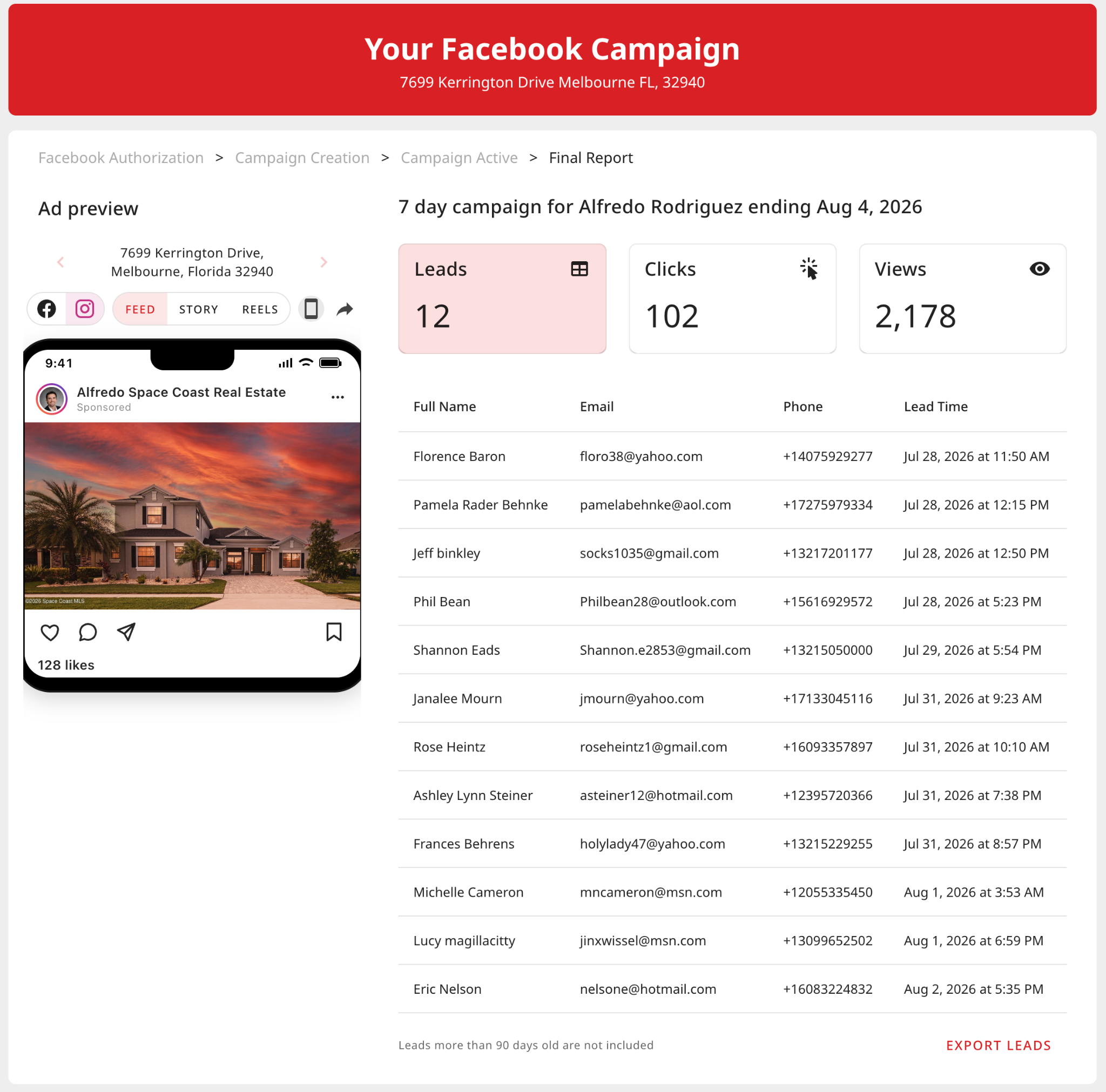 TriggerMarketing Social final campaign report showing leads, clicks, views and lead contact information