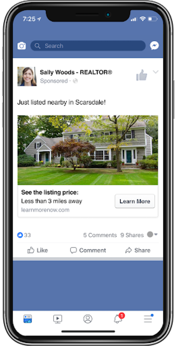 Example Facebook real estate lead ad on a mobile phone