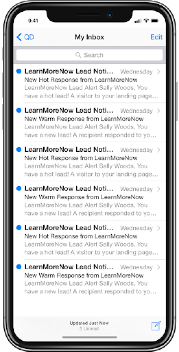 Example email inbox showing real estate lead notifications